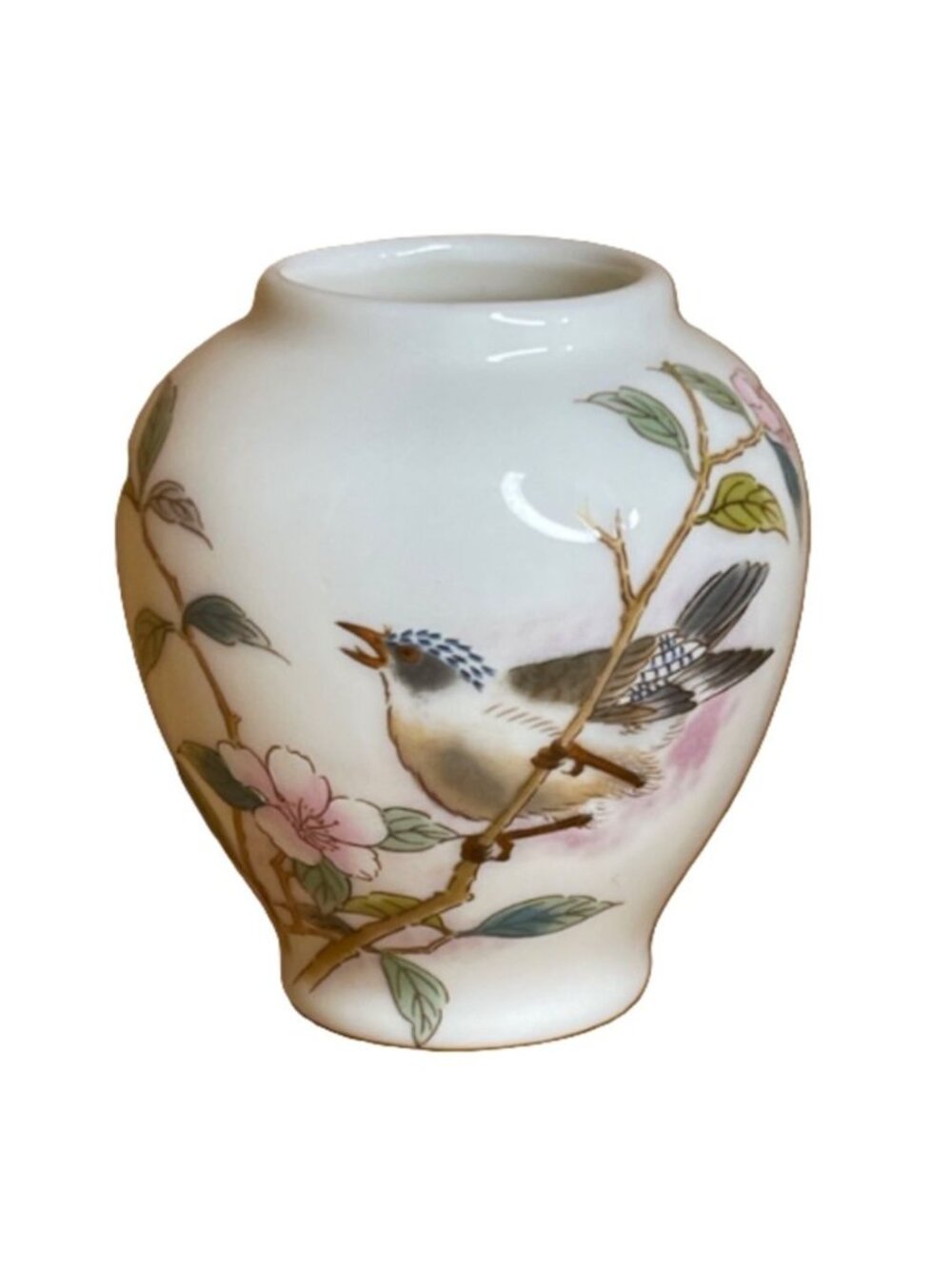 Vintage Yamaji Japan Porcelain Bird Fine China Cherry Blossom Bud Vase Pottery